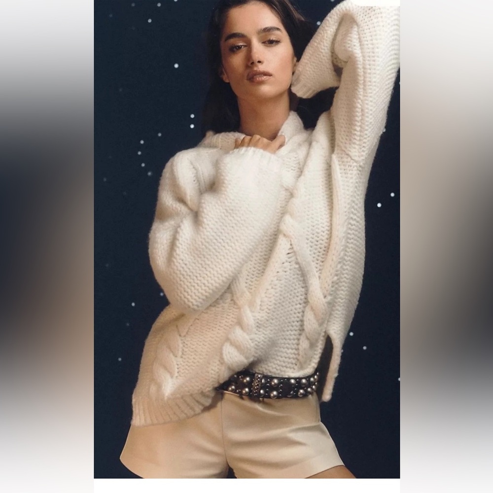 Anthropologie Maeve Relaxed Mock Neck Cable Knit Sweater Wool Ivory - Picture 5 of 7